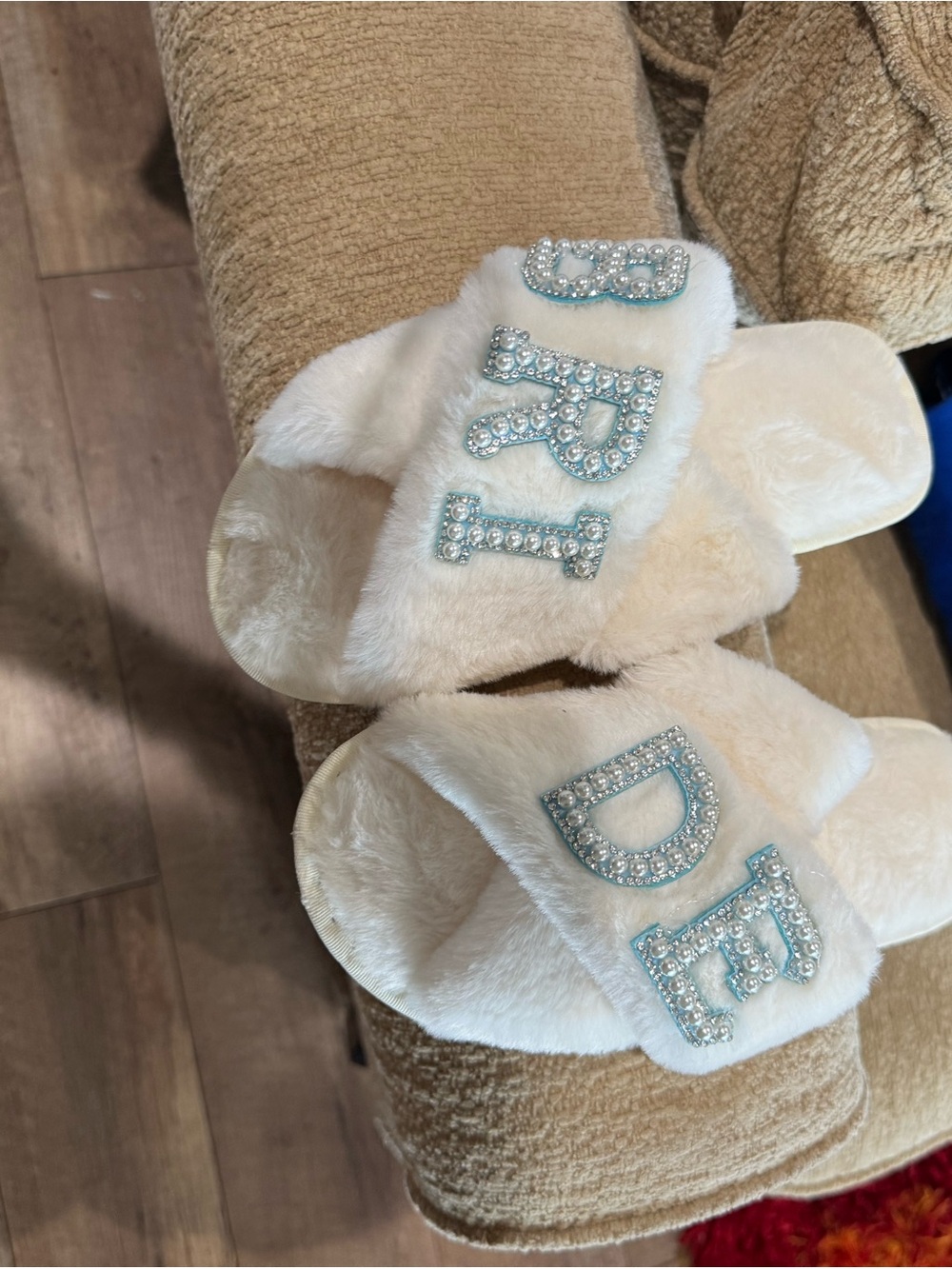 Cream Furry Slide house shoes for bride with Crystal